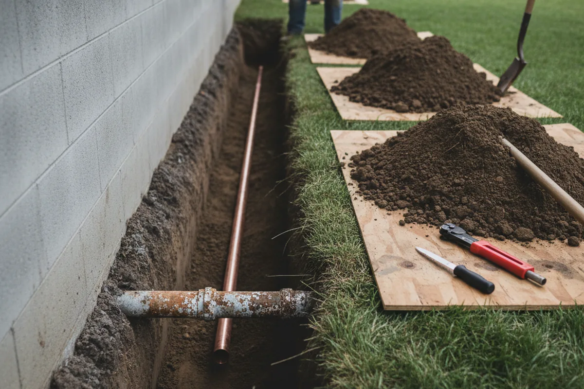 Excavated water line trench during Water Softener Installation in Whitefield